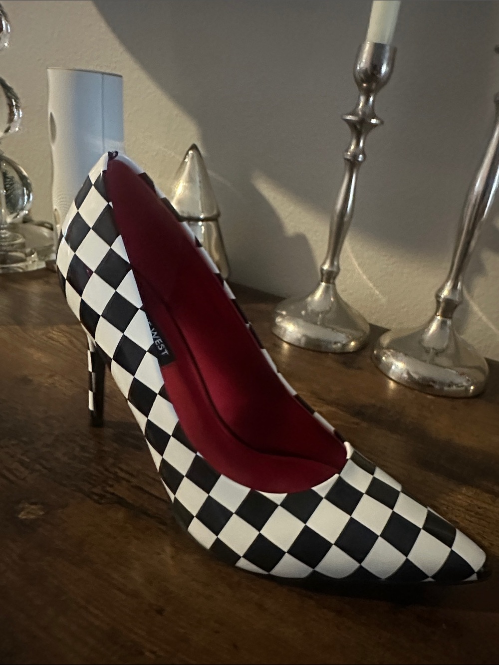 Nine West Black & White Checkered Pointed-Toe Pump with Red Lining
